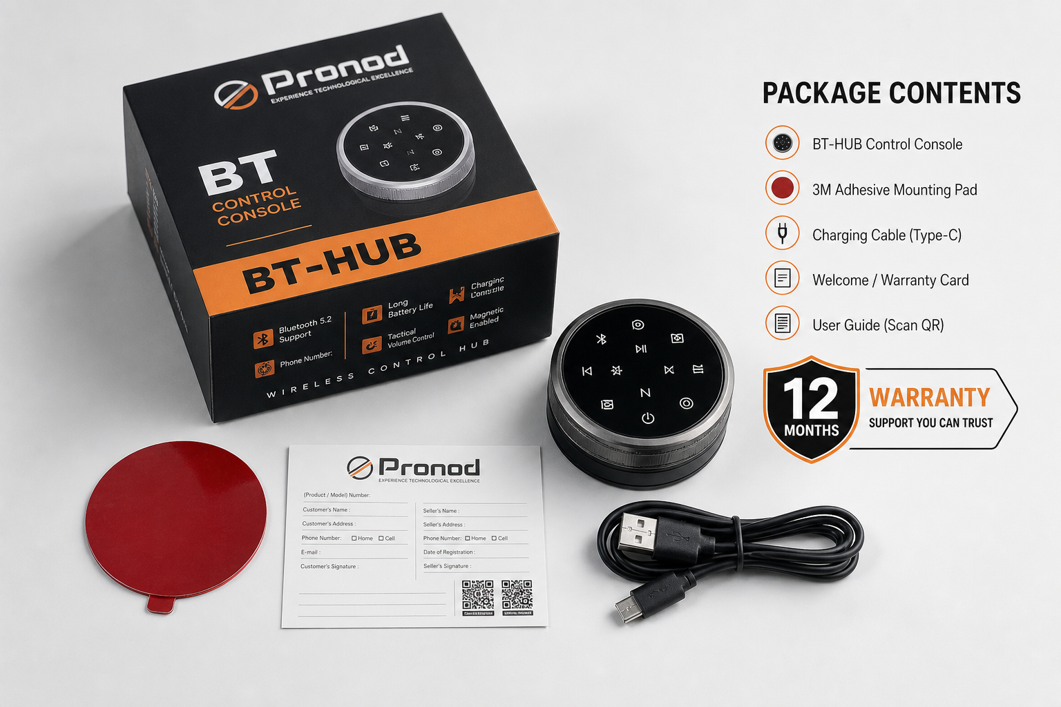 Pronod BT-HUB package contents and warranty support