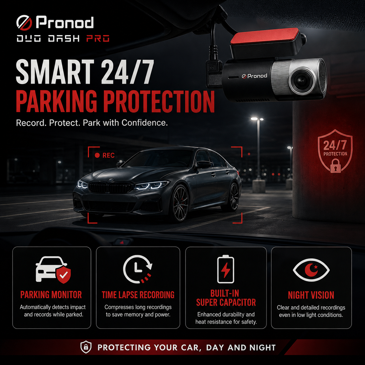 Pronod Duo Dash Pro parking monitor and time lapse recording