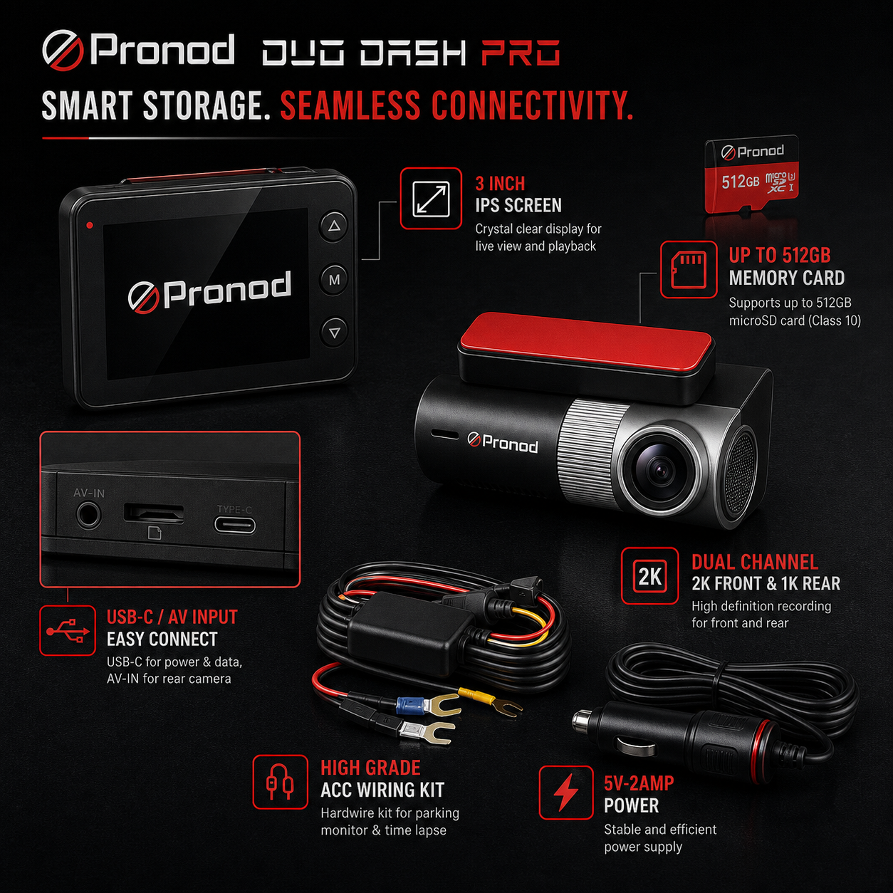 Pronod Duo Dash Pro storage and ACC wiring connectivity