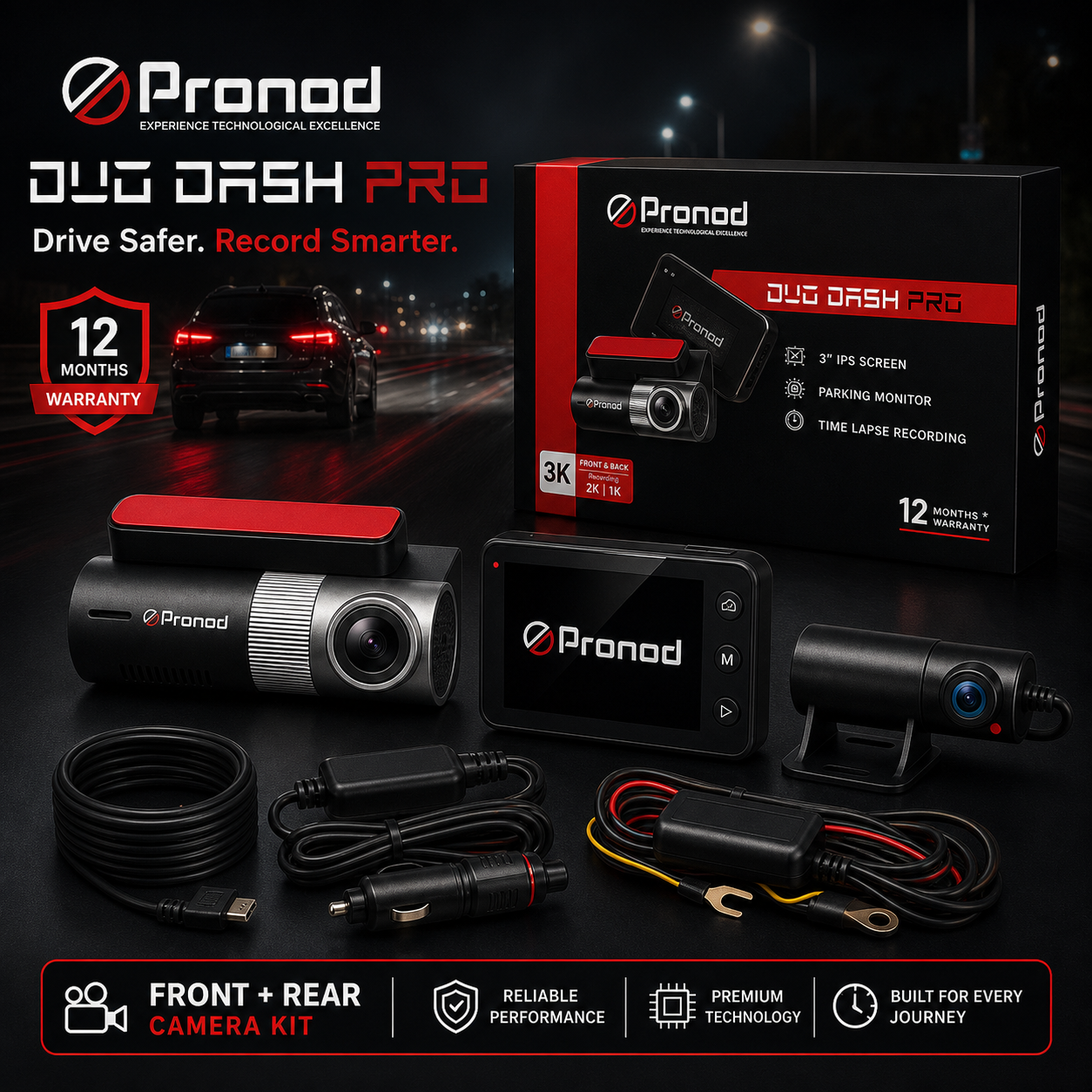 Pronod Duo Dash Pro complete front and rear dash camera kit
