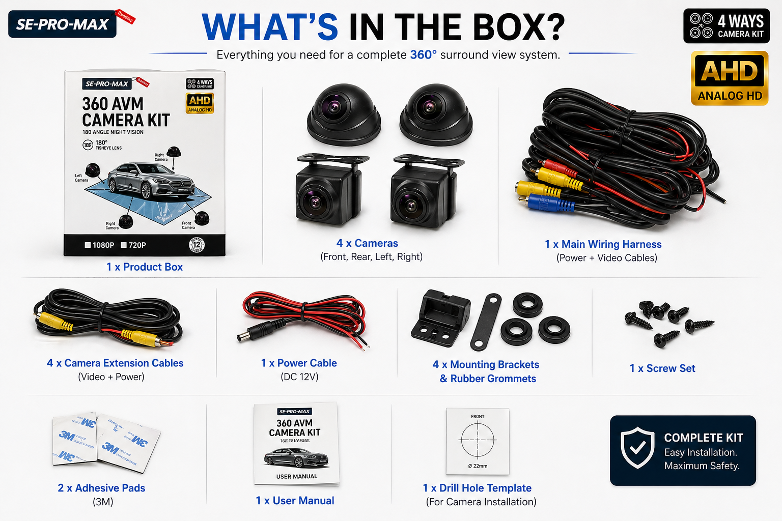 SE-PRO-MAX 360 AVM camera kit box contents