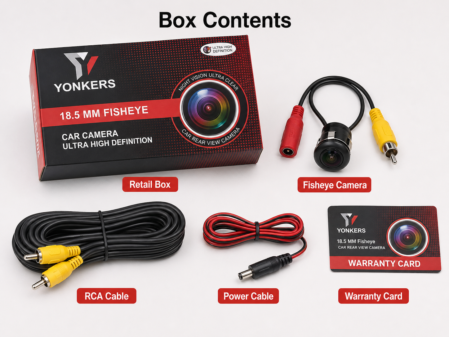 YONKERS 18.5 MM fisheye camera box contents with cables and warranty card