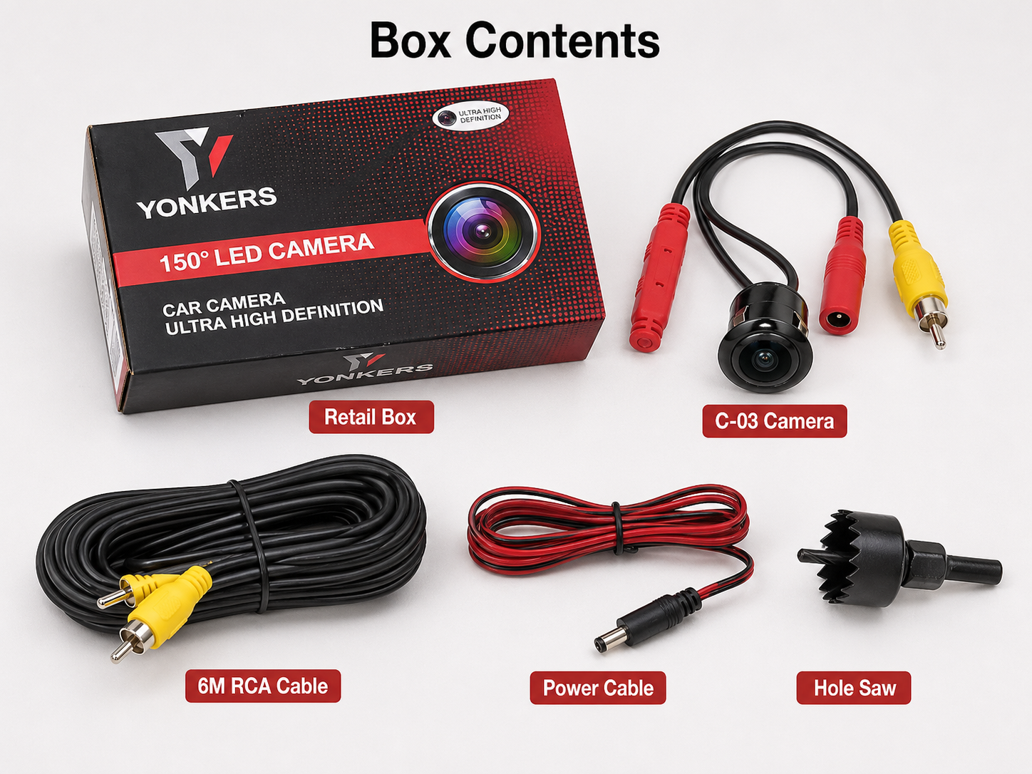 YONKERS C-03 camera box contents with RCA cable power cable and hole saw