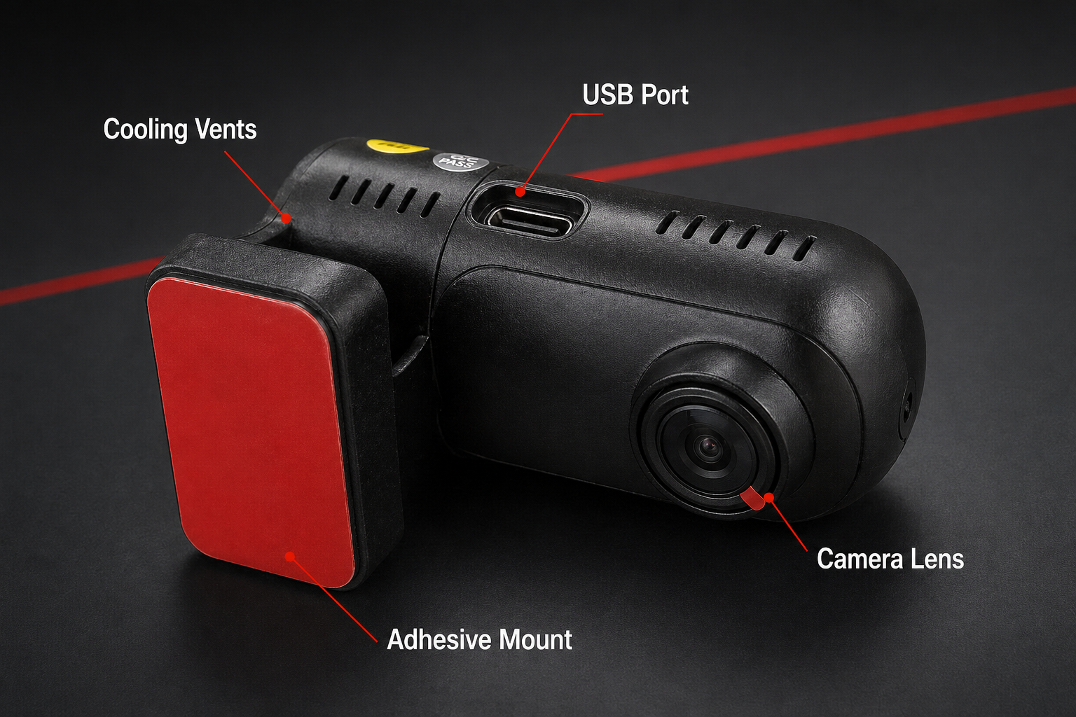 YONKERS DVR-01 USB port lens vents and adhesive mount details