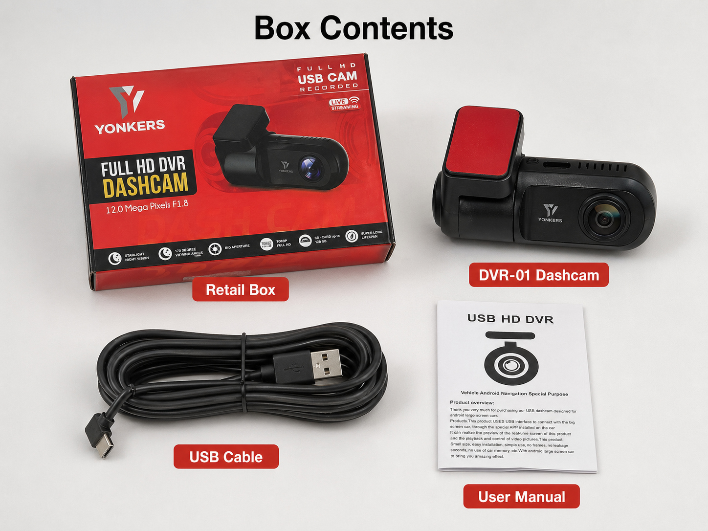 YONKERS DVR-01 box contents with dashcam cable manual and retail box